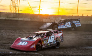 Tyler Bruening and Ryan Gustin battle at Plymouth Speedway