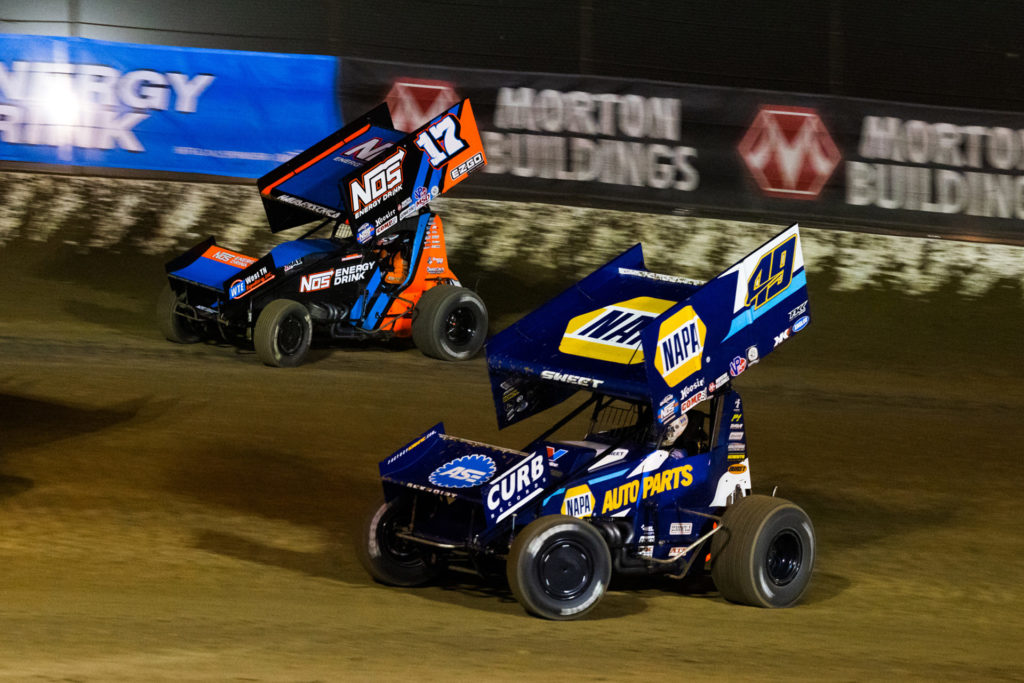 Brad Sweet & Sheldon Haudenschild race for position at Cotton Bowl Speedway