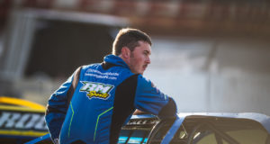 Tanner English waits for Qualifying to finish at Sharon Speedway