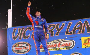 Josh Richards celebrates a win at Cedar Lake Speedway