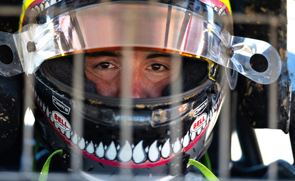Logan Schuchart looking out his helmet
