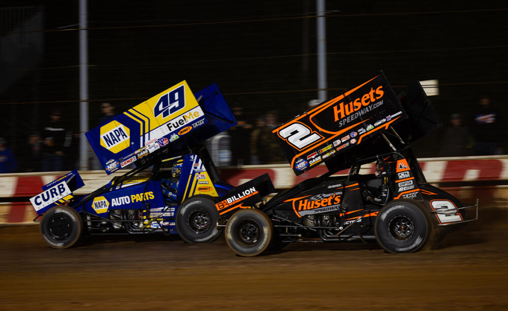 Brad Sweet races ahead of David Gravel at Sharon Speedway