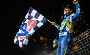 Brad Sweet celebrates his Charlotte win with a wing dance