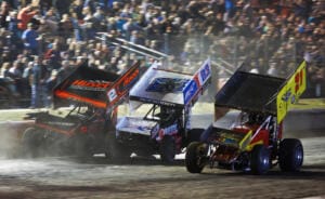 David Gravel and James McFadden side by side at the checkered flag at Devil's Bowl Speedway