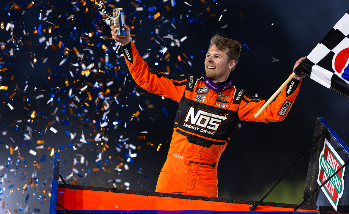 Sheldon Haudenschild celebrates in Paducah International Raceway Victory Lane
