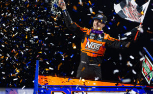 Sheldon Haudenschild celebrates at Arrowhead Speedway