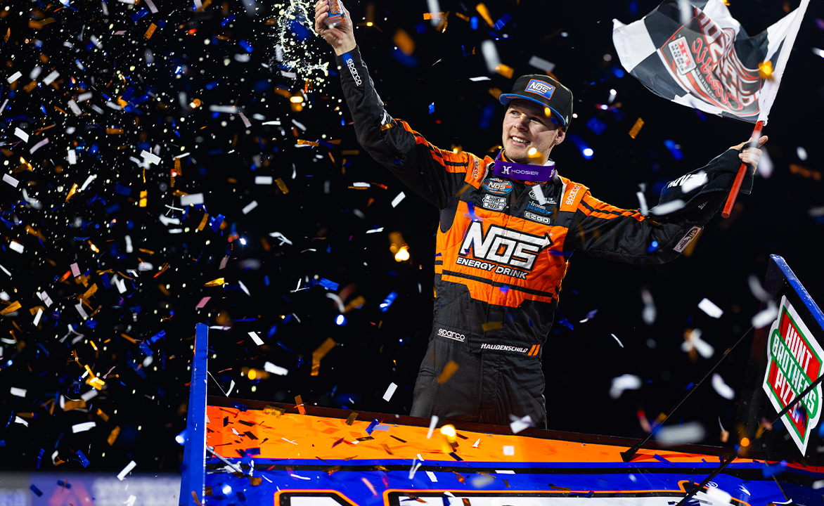 Sheldon Haudenschild celebrates at Arrowhead Speedway