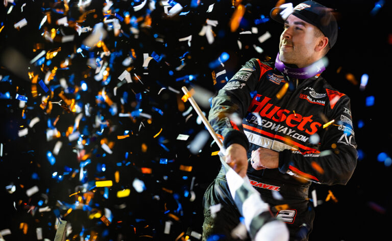 David Gravel celebrates atop the Big Game Motorsports #2 with a wing dance