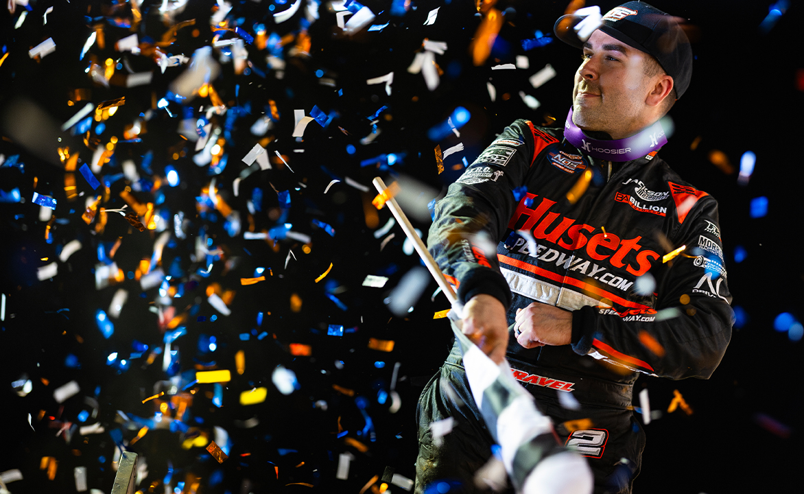 David Gravel celebrates atop the Big Game Motorsports #2 with a wing dance