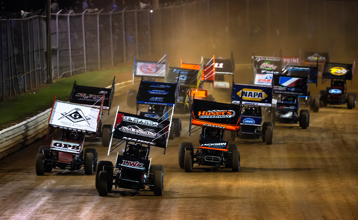 The World of Outlaws NOS Energy Drink Sprint Cars take the green flag for the Feature at Lincoln Speedway