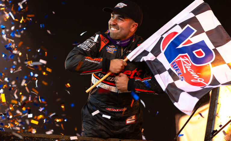 David Gravel celebrates Eldora Speedway victory with a wing dance