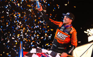 Sheldon Haudenschild celebrates Eldora win with a wing dance