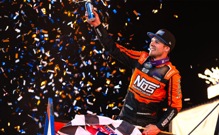Sheldon Haudenschild celebrates Eldora win with a wing dance