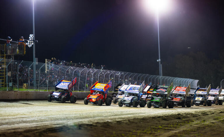 The World of Outlaws NOS Energy Drink Sprint Cars do the Four-Wide Salute