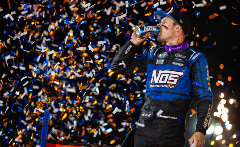 Sheldon Haudenschild celebrates with a wing dance and drinking a NOS Energy Drink