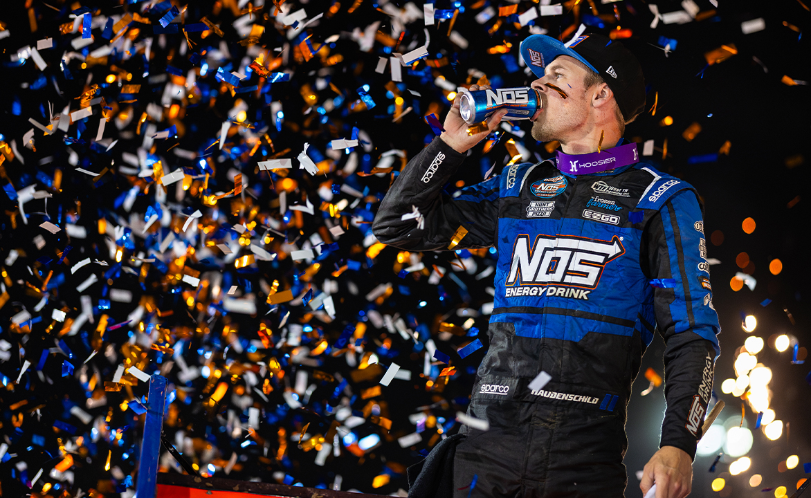 Sheldon Haudenschild celebrates with a wing dance and drinking a NOS Energy Drink