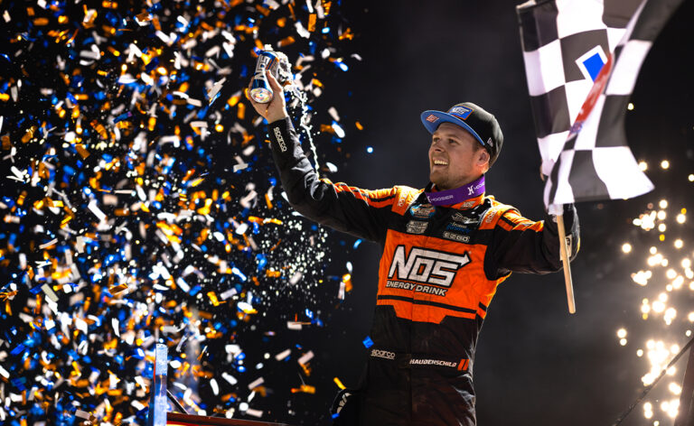 Sheldon Haudenschild celebrates with a wing dance