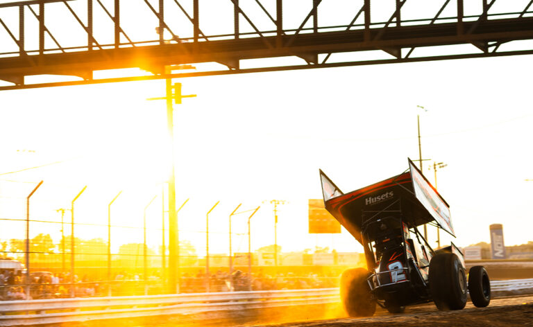 David Gravel racing under the Williams Grove Speedway bridge