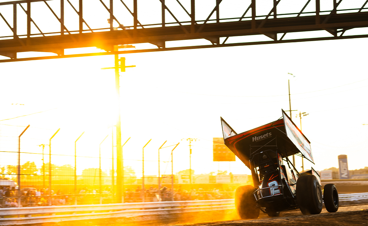 David Gravel racing under the Williams Grove Speedway bridge