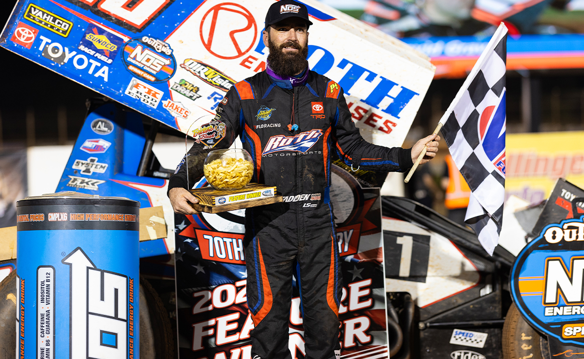 James McFadden stands in Victory Lane at BAPS Motor Speedway