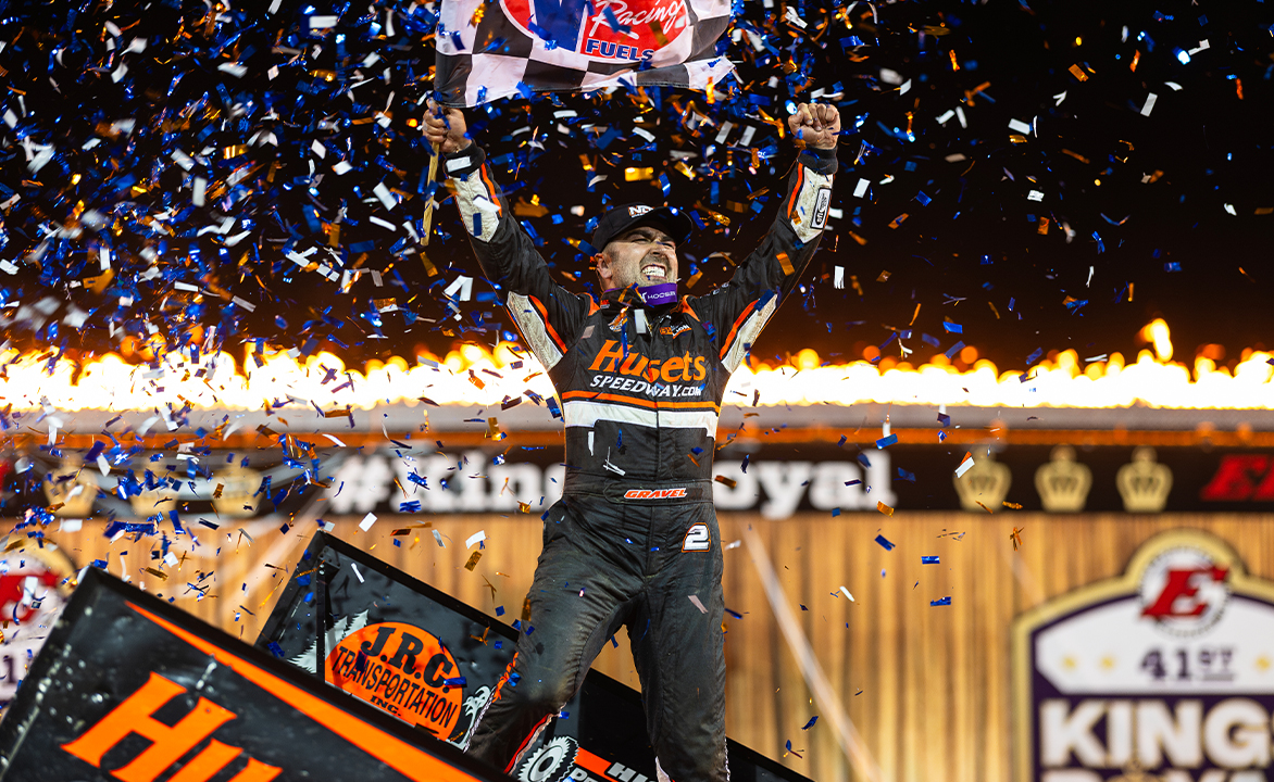 David Gravel celebrates with a full wing dance at Eldora