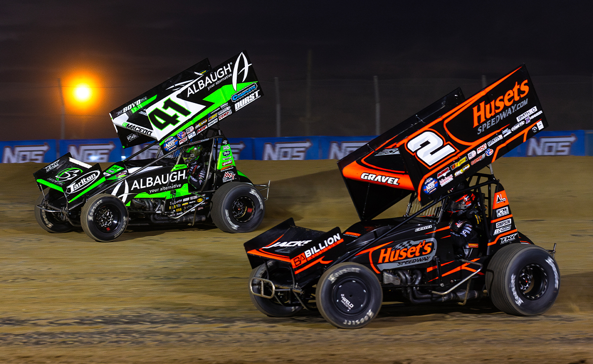 David Gravel races under Carson Macedo at Attica Raceway Park