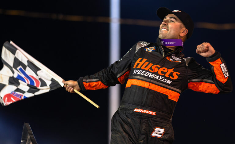 David Gravel celebrates Brad Doty Classic win at Attica with a wing dance