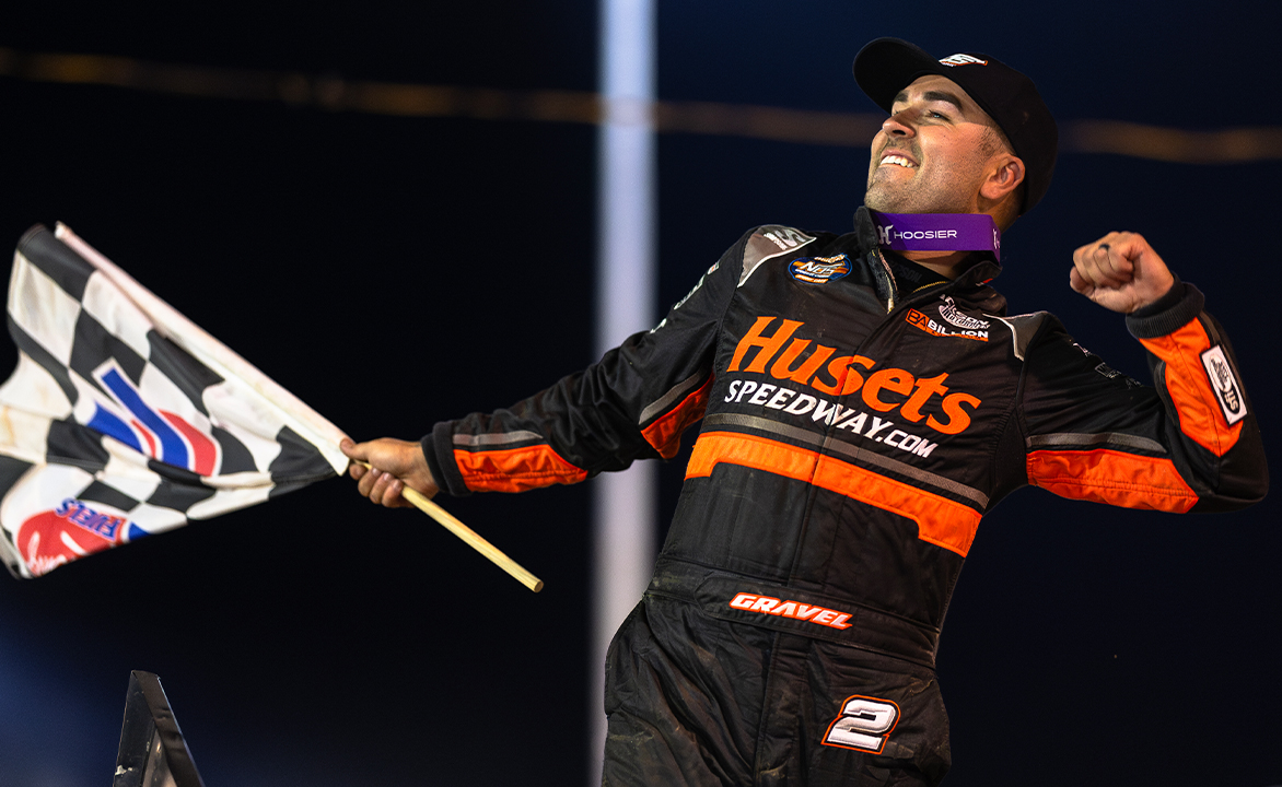David Gravel celebrates Brad Doty Classic win at Attica with a wing dance