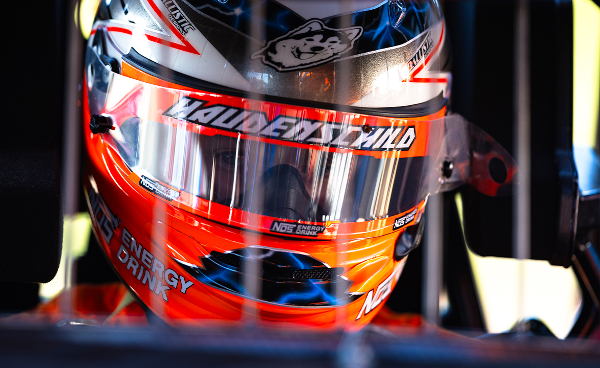 Sheldon Haudenschild sits in the NOS Energy Drink #17 with his helmet on