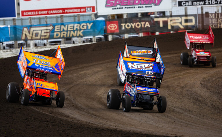 Giovanni Scelzi, Sheldon Haudenschild, and David Gravel racing at River Cities Speedway