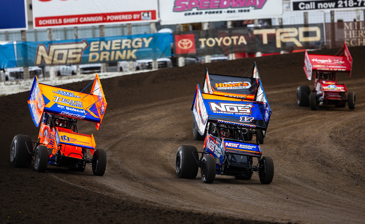 Giovanni Scelzi, Sheldon Haudenschild, and David Gravel racing at River Cities Speedway