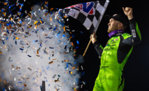 Carson Macedo celebrates at Jackson Motorplex with a wing dance