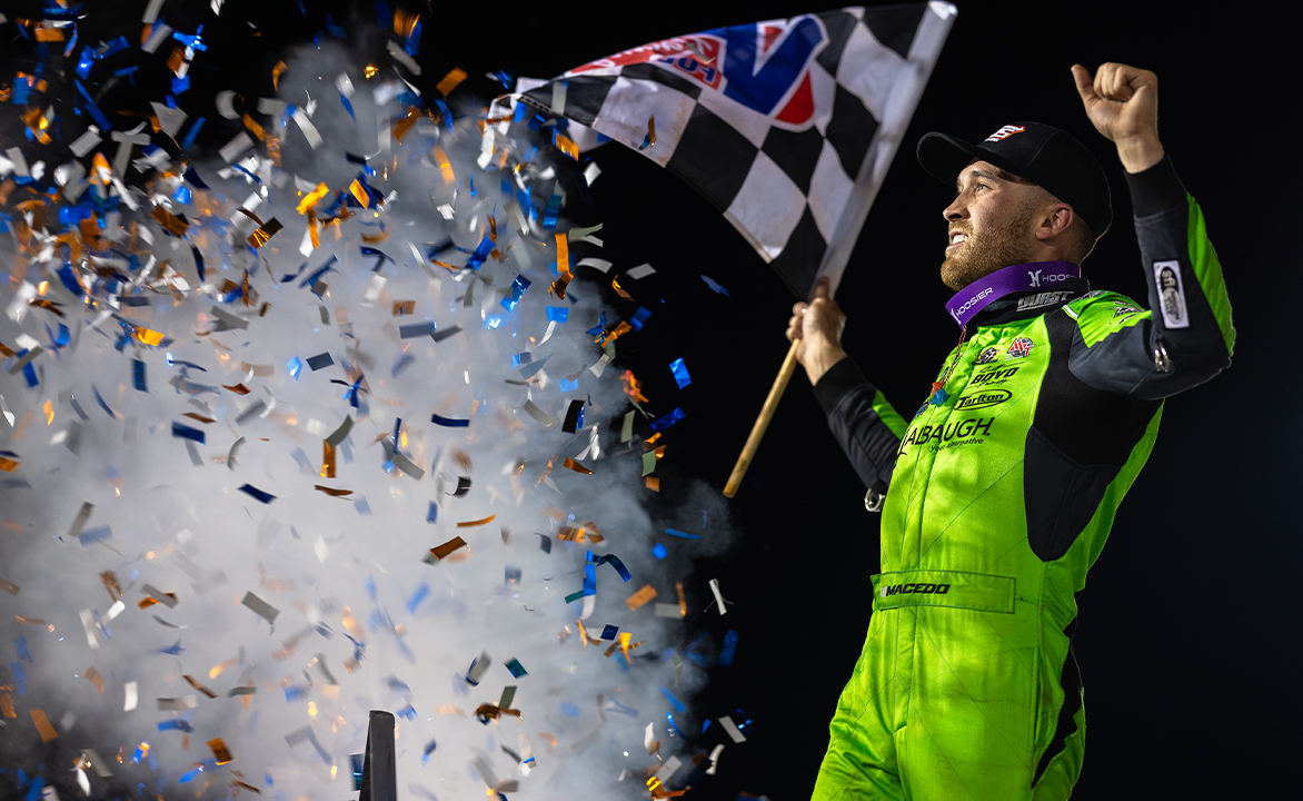 Carson Macedo celebrates at Jackson Motorplex with a wing dance