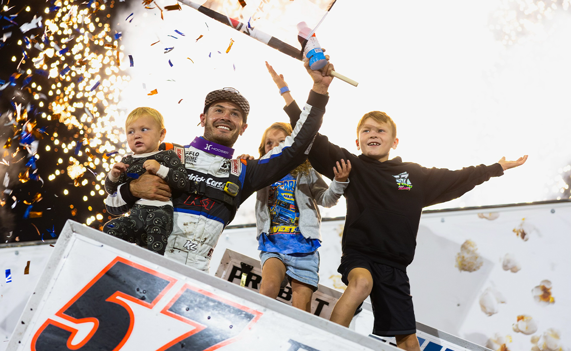 Kyle Larson celebrates with a wing dance with his family.