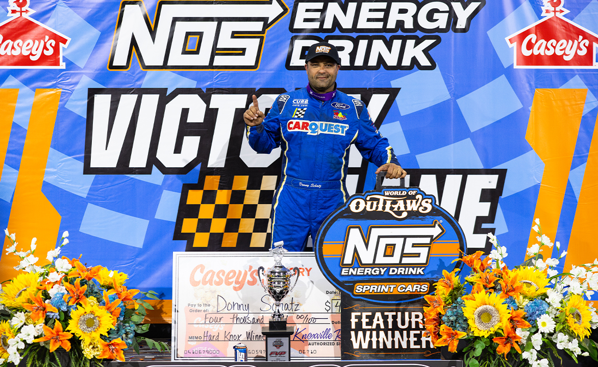Donny Schatz stands in Knoxville Raceway Victory Lane