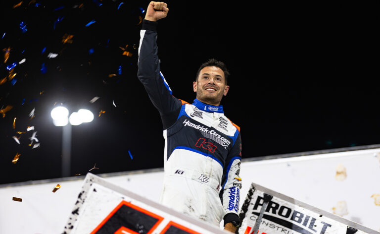Kyle Larson celebrates with a wing dance at Knoxville