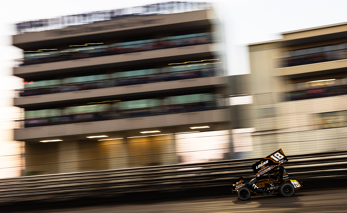 Gio Scelzi drives the KCP Racing No. 18 in front of the Knoxville Raceway suites