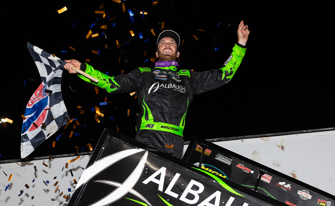 Carson Macedo celebrates his Knoxville Nationals prelim win in 2023