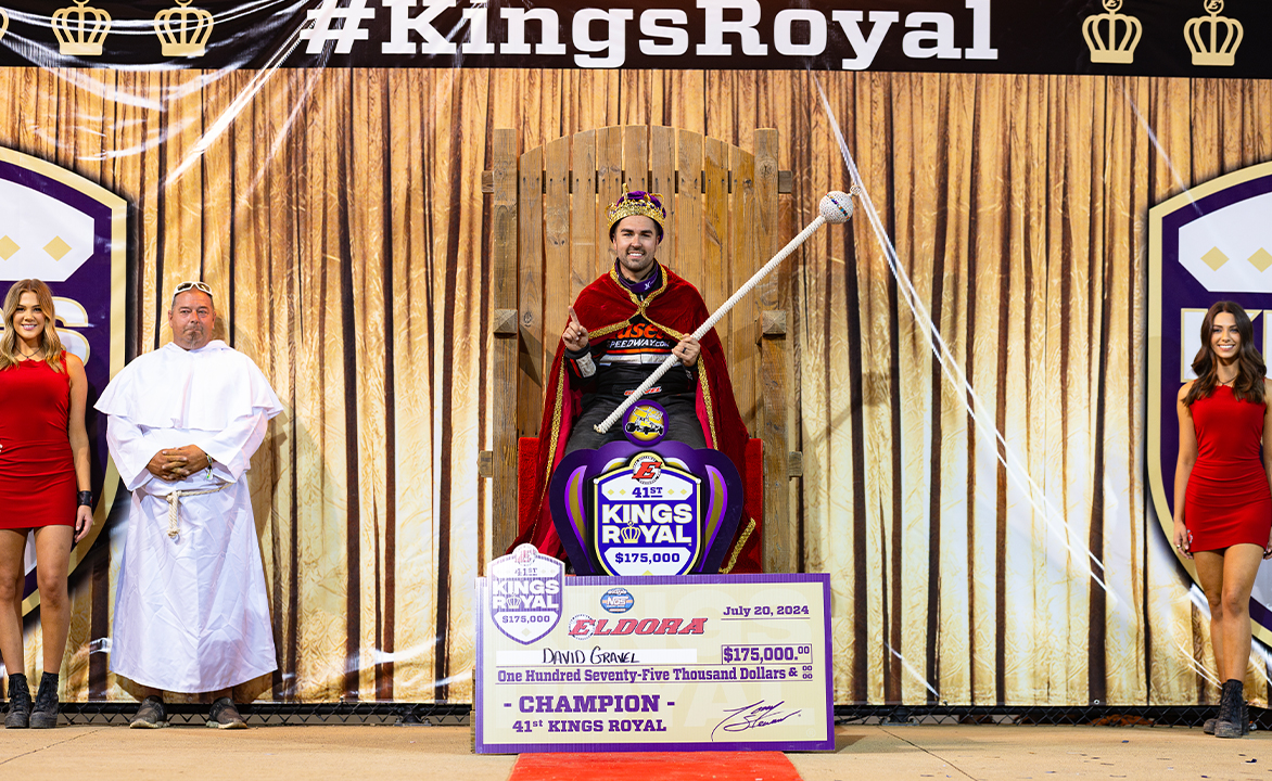 David Gravel stands in Eldora Speedway Victory Lane at the Kings Royal