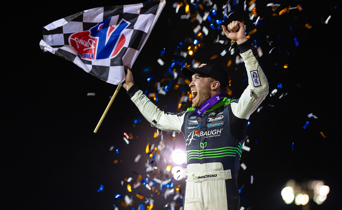 Carson Macedo celebrates with a wing dance
