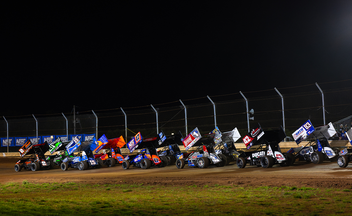 World of Outlaws Sprint Cars lined up for a Feature
