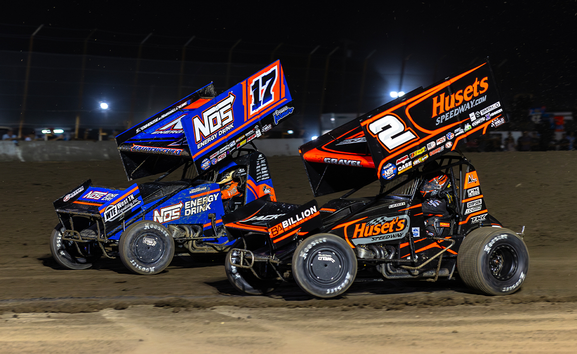 David Gravel and Sheldon Haudenschild race side-by-side.