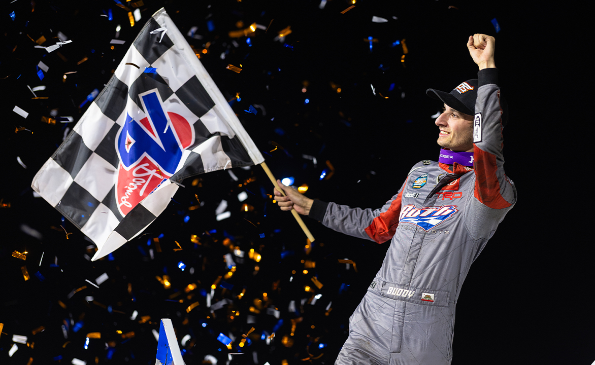 Buddy Kofoid celebrates at Dirt Oval 66