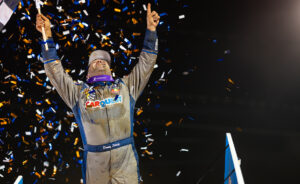 Donny Schatz celebrates at Lincoln Speedway