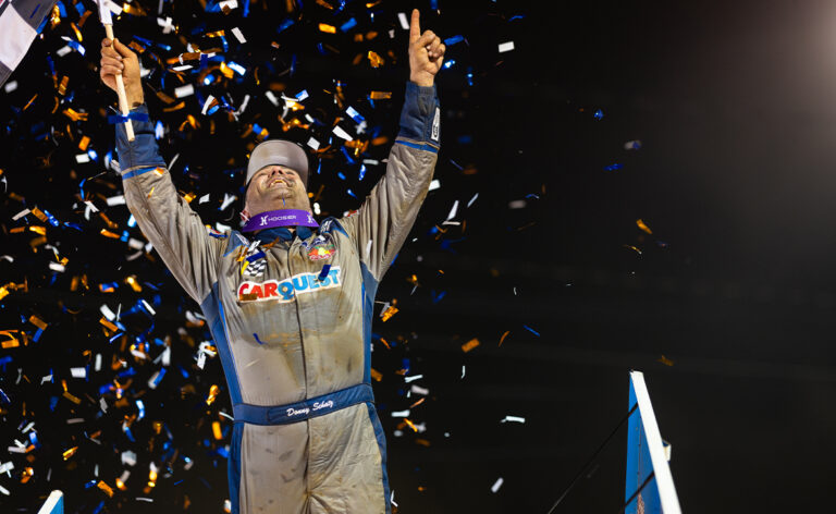 Donny Schatz celebrates at Lincoln Speedway