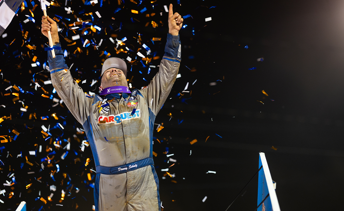 Donny Schatz celebrates at Lincoln Speedway