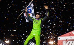 Carson Macedo celebrates at Williams Grove