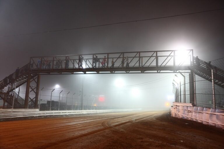 Fog blankets the Williams Grove Speedway backstretch