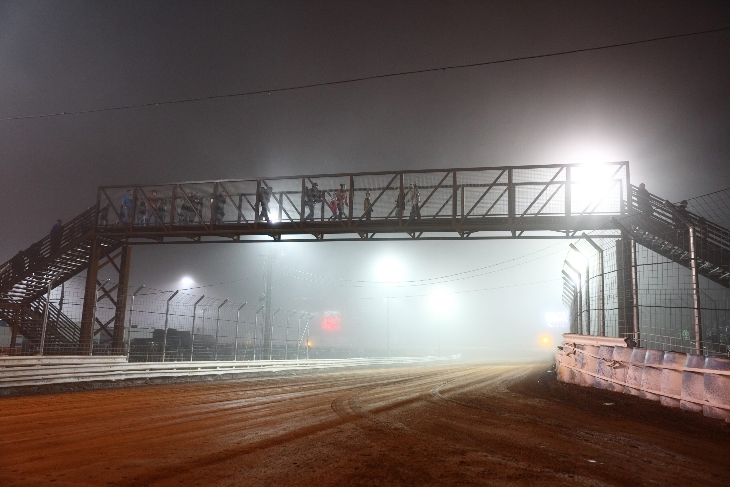 Fog blankets the Williams Grove Speedway backstretch