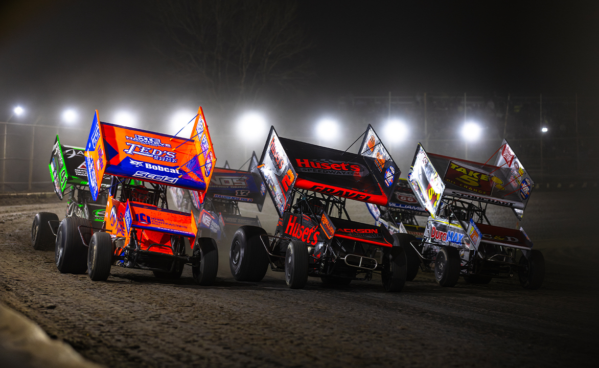 Gio Scelzi, David Gravel, and Logan Schuchart racing three-wide